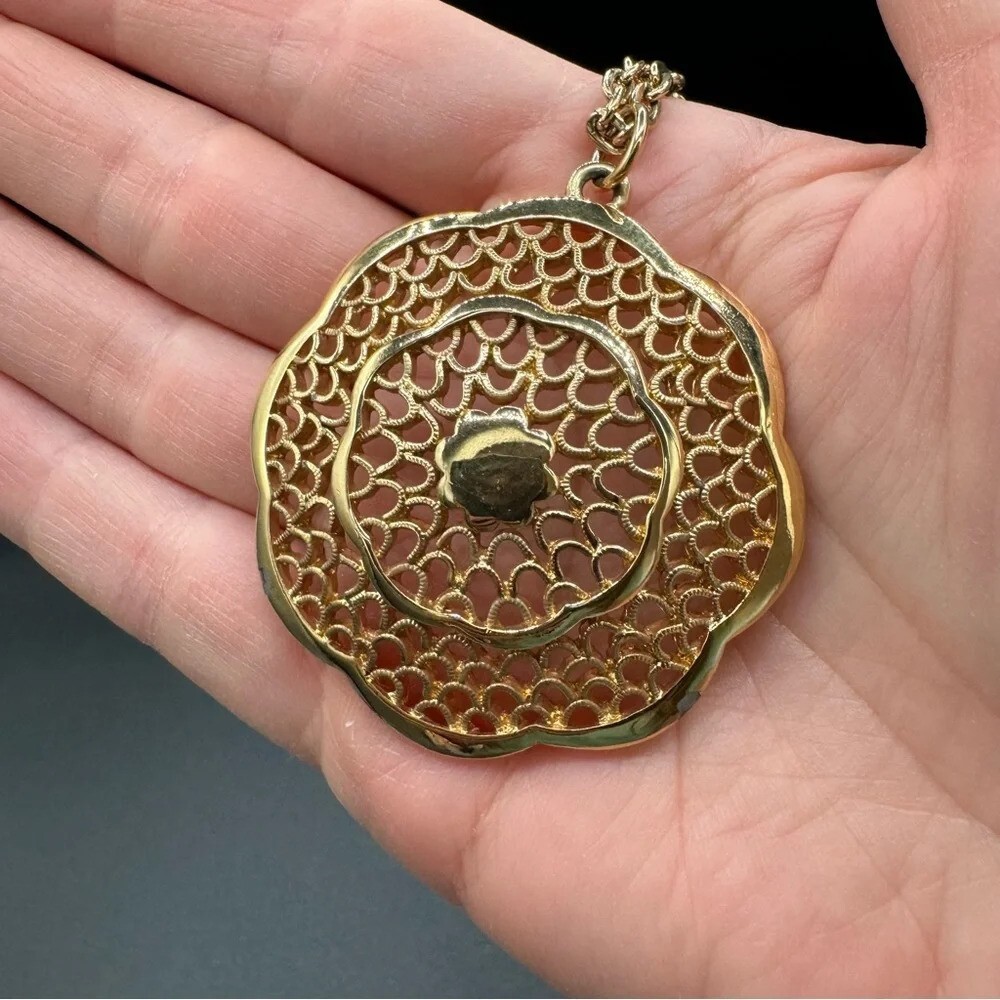 Vintage Multilayer Intricate Gold Tone Necklace with Large Pendant - Picture 12 of 16